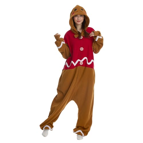 Supodon Adult Onesie Christmas Gingerbread Costume Unisex Cosplay Pajama Cute One-Piece Cosplay Jumpsuit for Men