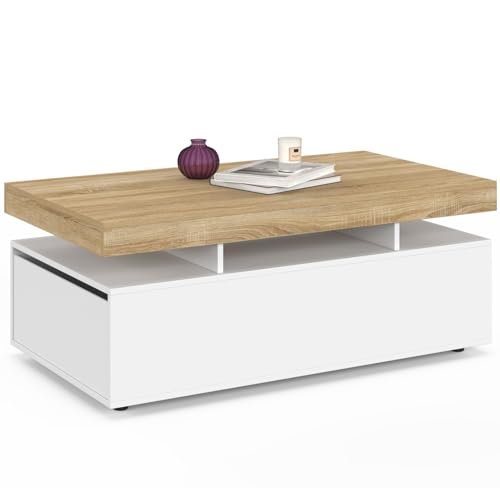 IDMarket - Table Basse rectangulaire Elsa 2 tiroirs en Bois Blanc et Plateau façon hêtre