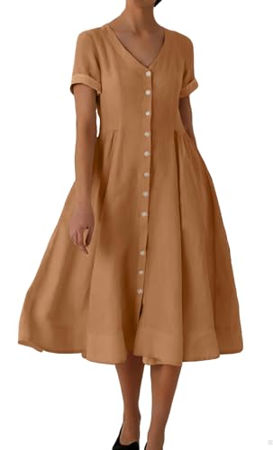 Image of chouyatou Women's Summer Fit and Flare Swing Cotton Dress Casual V-Neck Button Down Beach Midi Dress