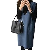 [1/2style]ニブンノイチスタイル ジャンパー スカート v ネック ワンピース タイト スカート ニット ポケット 通勤 オフィス レディース (青,L)