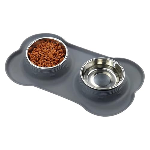 滑り止め加工のダブルドッグボウル、シリコンマット付き、耐久性のあるステンレススチール製ウォーターフードフィーダー、ペット給餌・飲水ボウル(GRAY,M 46x26CM)