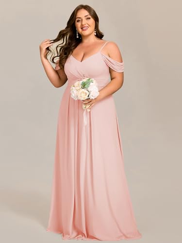 Image of Ever-Pretty Plus Women's V Neck A Line Off Shoulder Sleeveless Chiffon Pleated Floor Length Plus Size Bridesmaid Dresses