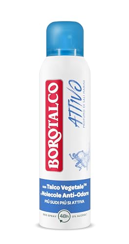 Borotalco, Deodorante Spray Attivo Blu, Formula Senza Alcool e con Talco con Molecole Anti-Odore, Efficacia Fresca, 48h di Efficacia, Profumo di Sali Marini - 1 Flacone da 150ml