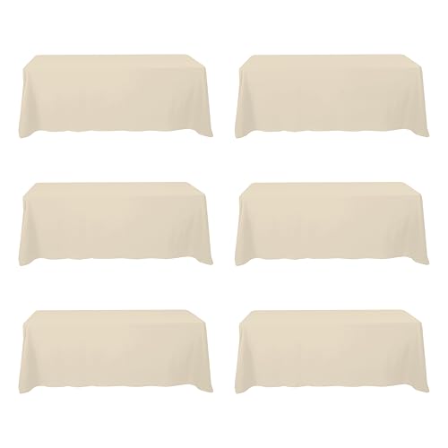 Image of BRILLMAX 6 Pack Beige Tablecloths 90x156 Inch for 8ft Rectangle Tables | 150 GSM Polyester Fabric, Floor Length Drop, Water, Stain & Wrinkle Resistant Cloth Cover for Wedding Reception Banquet Party