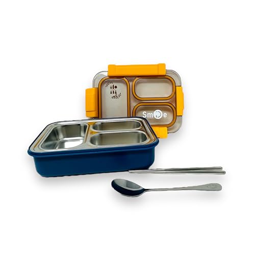 Image of Kitchen Bloom Lunch Box for Kids -3 Compartment Lunch Box for Kids with Spoon & chop Stick, Stainless Steel Lunch Box for Boys & Girls to School |Tiffin Box for Office (Blue & White)