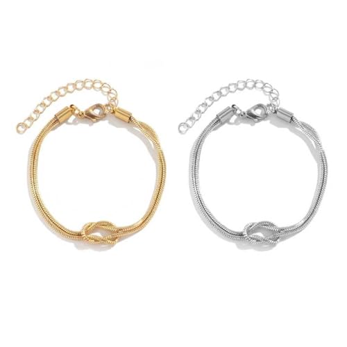 Matching Bracelets for Couples，Dainty Gold Love Knot Bracelet 14K Gold Plated Herringbone Chain Bracelet Relationship Jewelry Gifts for Best Friend(Gold&Silver)