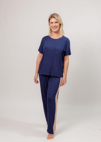 Pijama Adulto Feminino Viscolycra Manga Curta Com Calça - Marinho (BR, Alfa, M, Regular, Marinho)