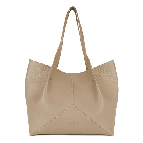 bugatti Elsa Damen-Shopper aus Leder, Handtasche mit extra Kosmetiktäschchen, sand