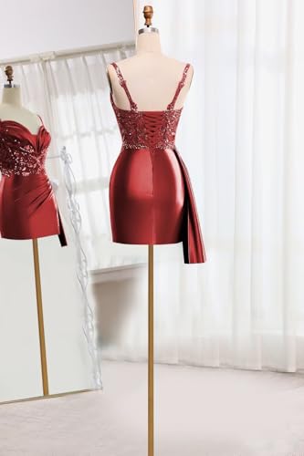 V Neck Satin Homecoming Dresses Mermaid Lace Short Porm Dress Pleated Bodycon Cocktail Dress with Tail3