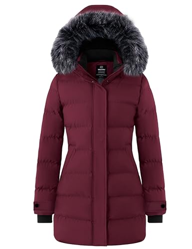 wantdo Women's Padded Parka Coat with Removable Fur Hood Wine Red XL