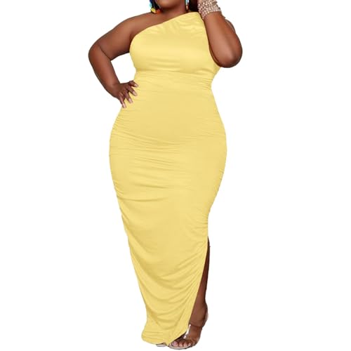 Image of Womens Sexy Plus Size One Off Shoulder Sleeveless Bodycon Ruched Evening Pencil Party Maxi Dresss