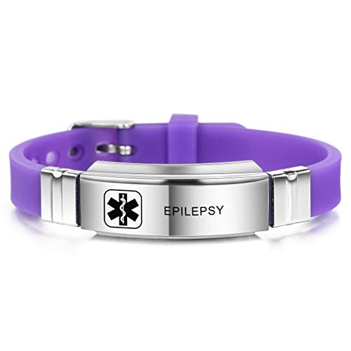 MOWOM Medical Bracelet Custom Engraved Silicone Adjustable Sport ID Identification Alert Stainless Steel - Bundle with Emergency Card, holder (Purple, Epilepsy)