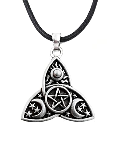 HAQUIL Wiccan Triple Moon Goddess Tree Pentagram Necklace, Wiccan Pagan Jewelry Gift for Men and Women