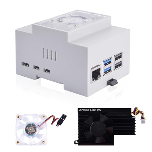 GeeekPi Raspberry Pi 5 Boîtier, DIN Rail ABS Boîtier avec Armor Lite V5 Active Cooler Cooling Fan pour Raspberry Pi 5, Modular Box pour Electrical Panels