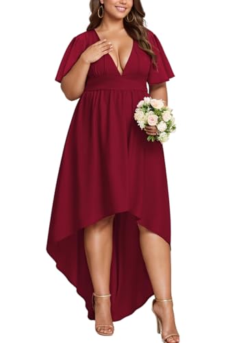 Image of Elegant Dresses Formal Evening Cocktail Long Maxi Wedding Party Dress Sexy V Neck Ruffle Sleeve Hi Low Flowy Gowns