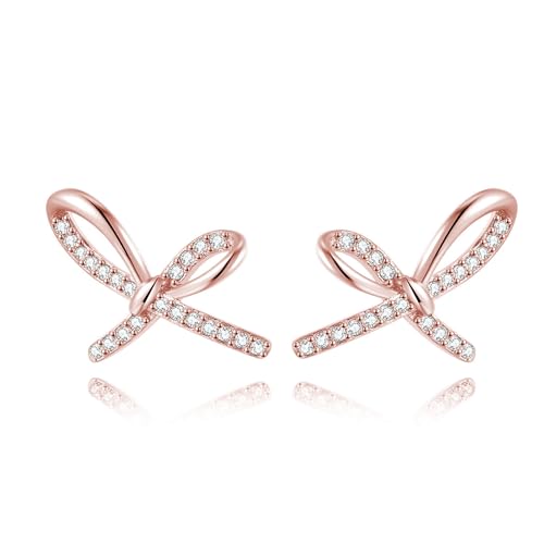 Reffeer Solid 925 Sterling Silver Bow Studs Earrings for Women Teens CZ Bow Post Studs Earrings