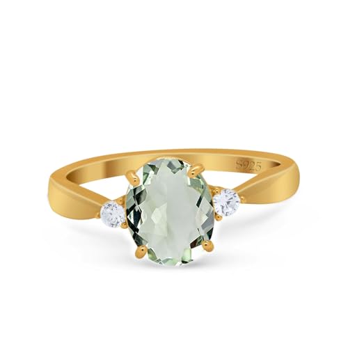 OMRANII Three Stone Ring Oval Natural Green Amethyst Prasiolite Solitaire Cubic Zirconia Classic Style Wedding Engagement Rings For Women 925 Sterling Silver Gifts For Her