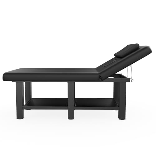 Image of Black Wide Stationary Massage Table with Backrest for Treatment Table Physical Therapy Table Spa Facial Bed, Metal Frame PU Leather 31.5'' Wide 75'' Long Heavy Duty Professional Stationary Massage Bed