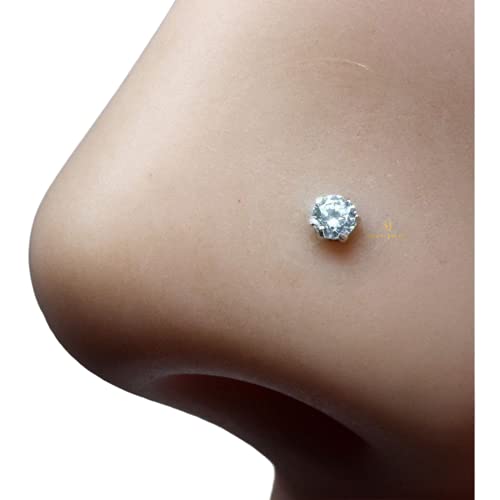 Image of SJ SHUBHAM JEWELLERS 92.5-925 Sterling Silver Round Shape White Cubic Zirconia Prong /Cup Setting Nose Pin Stud for Women Girls Size 2MM 3MM Size Pure Silver