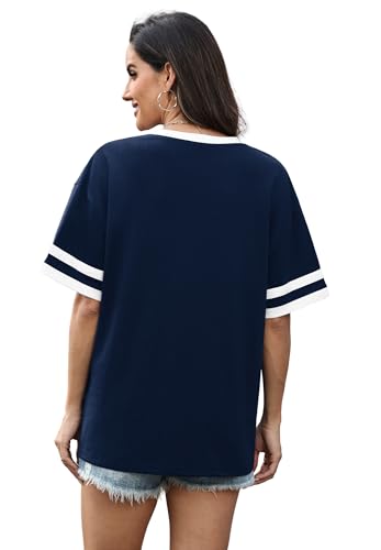 Image of WIHOLL Womens T Shirts Loose Fit Short Sleeve Tees V Neck Color Block Summer Tops 2026 Fashion S-4XL
