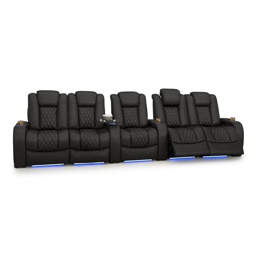 Image of Seatcraft Diamante Black Italian Leather Home Theater Seating, Zero Gravity Power Recliner Gaming and Home Office Chair, Powered Headrest Lounge Sofa Furniture for Cinema Room, Row of 5 Dual Loveseats
