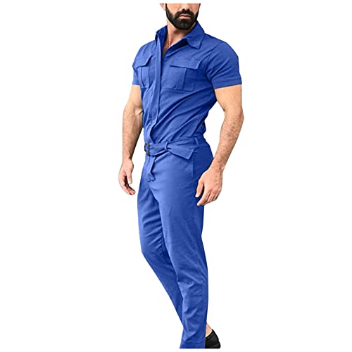 Mens Jumpsuits,Solid Button Down Rompers Short Sleeve Coverall Slim Fit Speedsuits Workwear One Piece Bodysuits