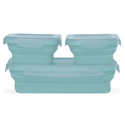 Drip EZ Secondz Collapsible Food Storage Containers (set of 3) - Meal Prep, Leftovers, Lunch, Camping, Hiking - Dishwasher & Microwave Safe - BPA-free Silicone - Locking Lids - Ice Blue