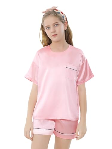 Girls Silk Pajamas Set, Satin Crewneck Nightwear Button-Down Sleepwear3