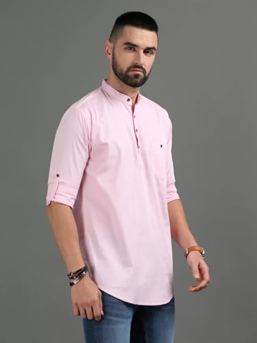 Image of DEEMOON Men's Cotton Blend Full Sleeve Short Kurta with Mandarin Collar Crafted from a Premium Cotton Blend