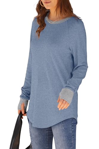 Image of XIEERDUO Womens Tunic Tops to Wear with Leggings Long Sleeve Thumb Hole Shirts Crew Neck Curved Hem