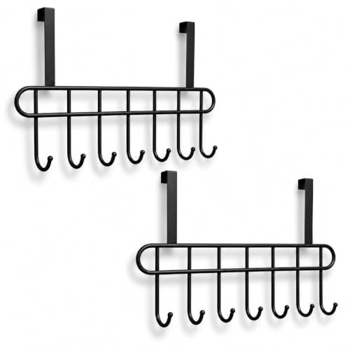 Image of Kundi Multi-Functional Over-the-Door Hook Hanger Rack - Heavy-Duty Steel Wall Hook Organizer with 7 Hooks for Clothes, Towels, Kitchen & Bathroom (Set of 2 Black)