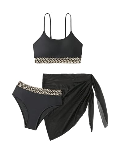 SHENHE Girl's 3 Piece Bathing Suit Scoop Neck Spaghetti Strap Bikini Set with Wrap Skirt
