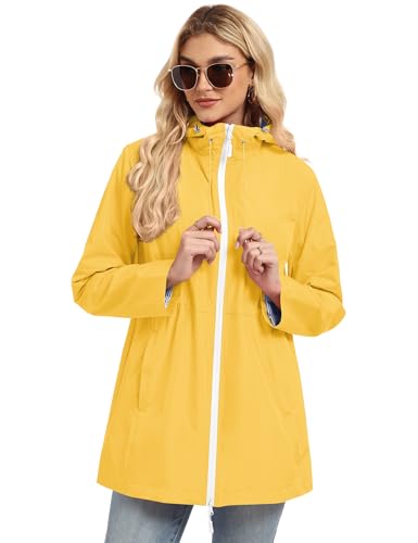 TCOT Rain Jacket Women Hooded Hiking Raincoats Outdoor Waterproof Windbreaker Jackets Lined Long Trench Coat Yellow L