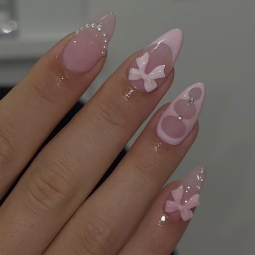 Nymora 24-Piece Press On Nails Almond - Fake Nails with Pink Bow Design, Glossy Full Coverage Press On Nails for Women Girls