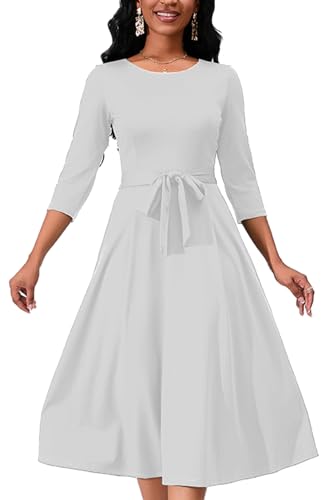 Image of PerZeal Women's Caual Midi Dress 3 /4 Sleeve Crewneck A-line Swing Dress for Women with Belt for Wedding Guest & Cocktail Party White Medium