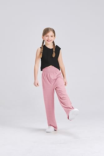Image of Kids Clothes Girls Summer 2024 Cute Outfits 2 Piece Tie Knot Crop Tops Wide Leg Long Pants Set Suit Pink Black, 5-6 Y, Black&pink
