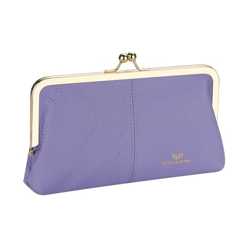 Image of Royal Bagger RFID Kiss Lock Wallet, Solid Color Multi-card Slots Card Holder, Genuine Cow Leather Clutch Purses for Women 1468 (Light Purple)