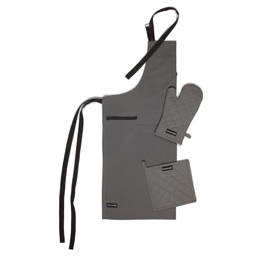Image of Encasa XO 100% Cotton Apron Set for Women & Men with Adjustable Apron, Oven Gloves & Pot Holder (Pack of 3) Combo, Heat-Resistant, Soft & Durable for Cooking, Baking & Grilling (Grey)