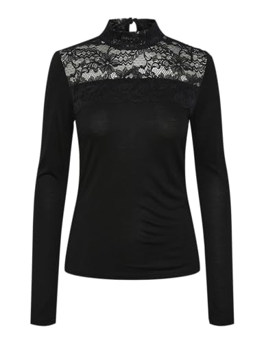 PIECES Pcmolly LS Top de Encaje de Cuello Alto BC Camiseta, Negro, M para Mujer