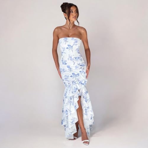 Image of Strapless Prom Dress for Womens Ruffles Satin Wedding Party Maxi Dress Bodycon Cocktail Gowns with Slit