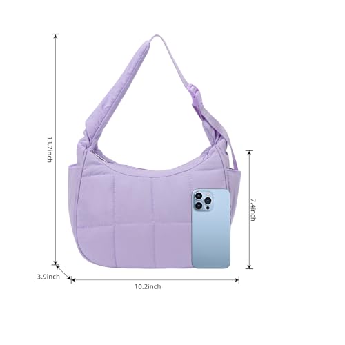 Image of Small Puffer Crescent Underarm Shoulder Bag for Women, Nylon Quilted Purses Handbags with Adjustable Strap, Purple