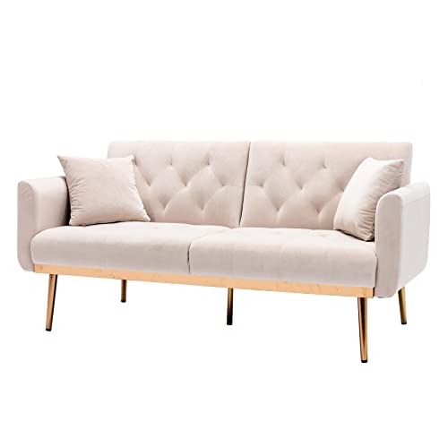 Szlizccc 63" Loveseat Sofa Accent Sofa, Mid Century Modern Velvet Fabric Couch， Convertible Futon Sofa Bed ，Recliner Couch Accent Sofa Loveseat Sofa With Gold Metal Feet(Beige) #TOP3