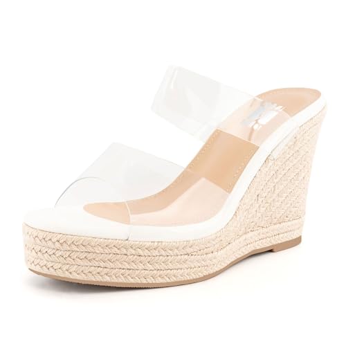 Image of WIRALOMI Women Clear Wedge Heel Sandals Slip On Espadrilles Platform Sandals Slide Summer Beach Crystal Mules Sandals