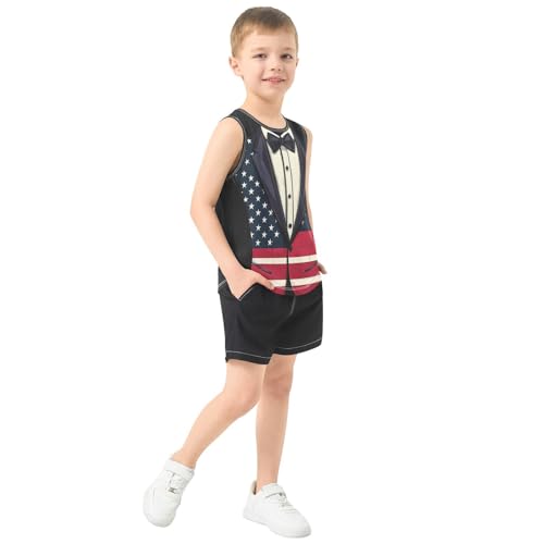 Boys Tank Top Shirts Retro American Flag Tuxedo Sleeveless T-Shirts Crew Neck for Kids Clothing Children4