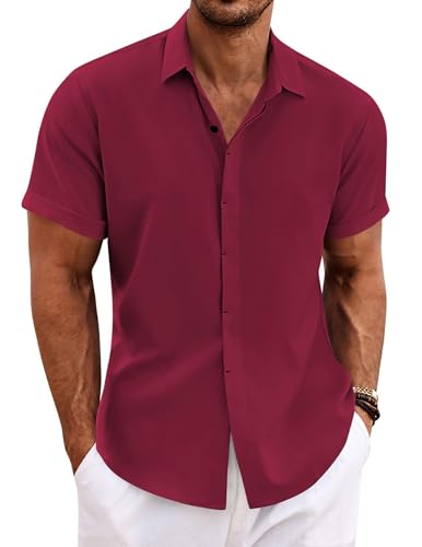 COOFANDY Camisa de Lino para Hombre Manga Corta Camisas Informales Camisa de Lino para Verano y Playa Burdeos L