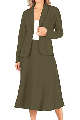 Two Piece Lightweight Solid Long Sleeve Casual Blazer Relaxed A-Line Midi Skirt Olive 3XL