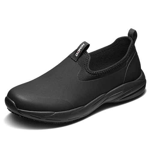 NINGO Non Slip Work Shoes for Men Waterproof Slip On Kitchen Chef Shoes Easy to Clean Lightweight Comfortable Slip Resistant TPU Loafers for Food Service Restaurant Garden Nursing Black