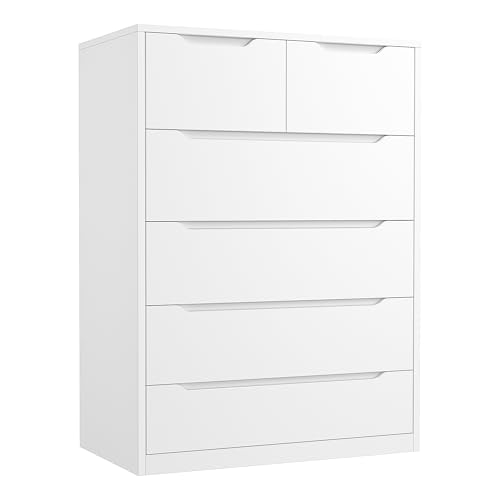 Romorgniz White Dresser for Bedroom with 6 Large Drawers, Tall Chest of Drawers Modern Wooden Dresser for Living Room, Entryway, Hallway, 43.2' H X 27.6' W X15.6 D