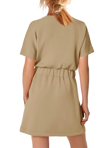 Image of SENSERISE Womens Short Sleeve T Shirt Dresses Crew Neck Solid Color Basic Smocked Waist Dress with Pockets