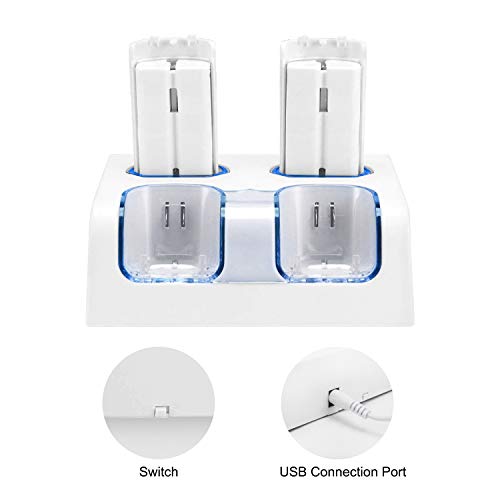 4 Ports Charging Station for Wii Remotes, TechKen Controller Charger Dock Station with 4 Bonus